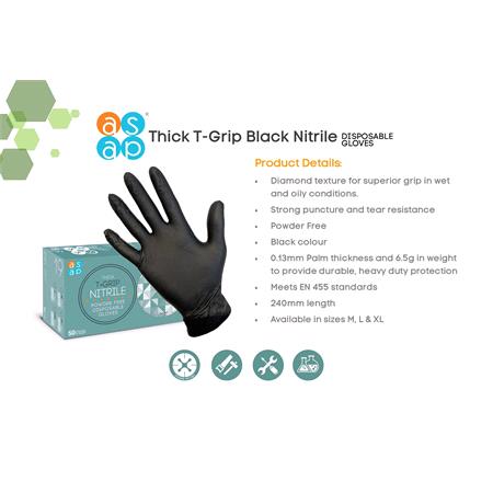 GRIP Gloves X TRA Thick Black T Grip Nitrile Disposable Gloves (50)   Large