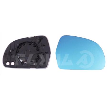 Right Blue Wing Mirror Glass (heated, for 125mm tall Wing Mirrors   see images) and Holder for AUDI A6 Avant, 2008 2011, Please measure at the centre of glass to ensure its 125mm, otherwise this glass may not fit