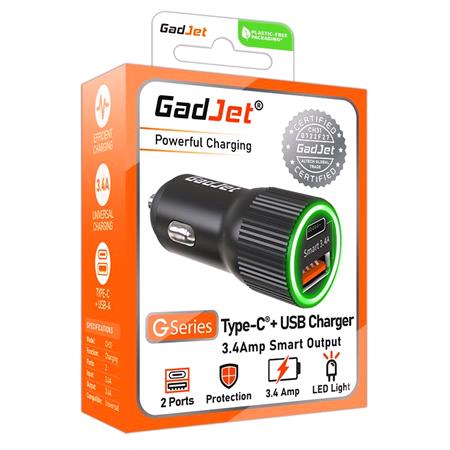 GadJet G Series 2 Port USB + Type C Car Charger 3.4A
