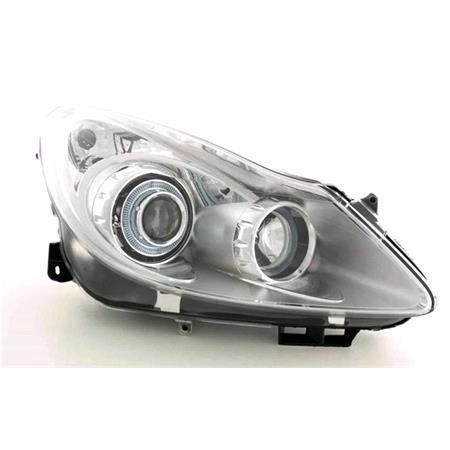 Right Headlamp (With Chrome Bezel, Halogen, Takes H7 / H1 Bulbs, Supplied With Motor) for Opel CORSA D Van 2011 on