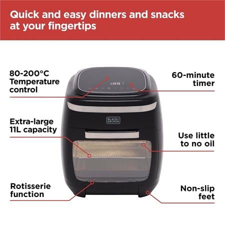 BLACK+DECKER 5 in 1 Digital Air Fryer Oven with Rotisserie, 11L