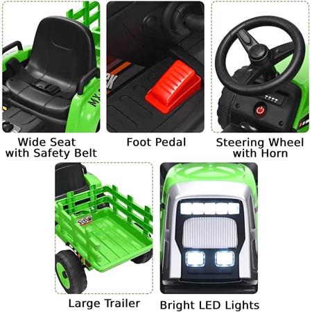 Electric Ride On Tractor & Trailer With Parental Control   12v Green