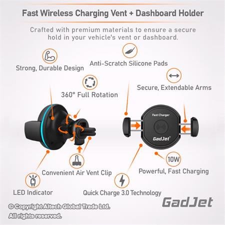 GadJet Fast Wireless Charging Vent + Dashboard Phone Holder 