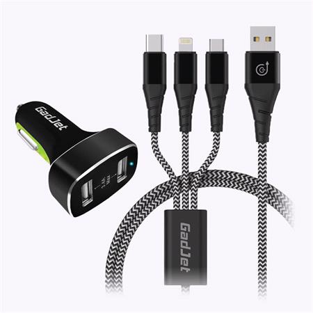 GadJet 3 in 1 Cable & 2 USB Car Charger Multipack