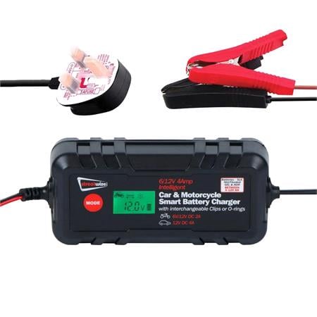 Streetwize 4Amp 6/12V Smart Battery Charger with Clamps & O Ring