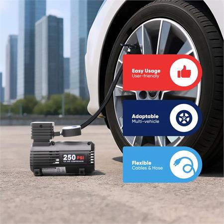 Tyre Inflator   12V   Compact Compressor with Gauge   0 250 PSI