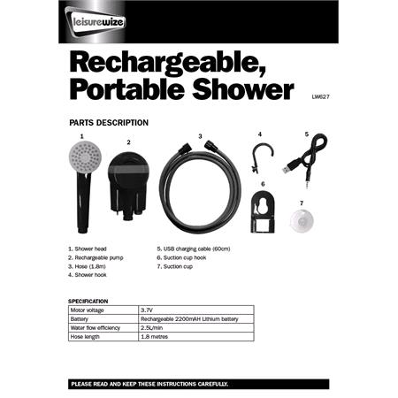 Streetwize Portable Shower   USB Rechargeable