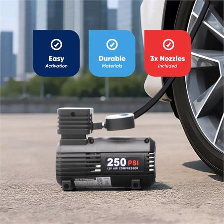 Tyre Inflator   12V   Compact Compressor with Gauge   0 250 PSI