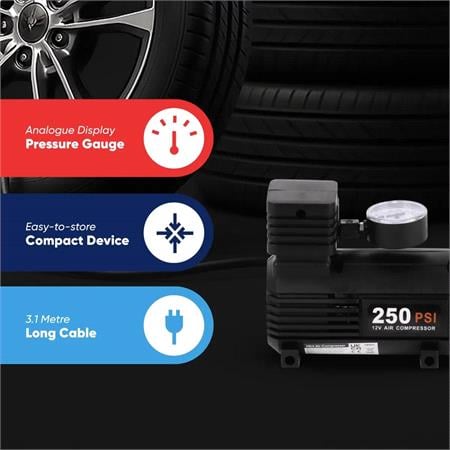 Tyre Inflator   12V   Compact Compressor with Gauge   0 250 PSI