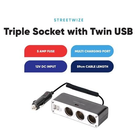 Streetwize 12V Triple Socket Adaptor & Twin USB