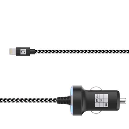 Juku Car Charger 1.2M Lightning Cable 12W (2.4A)   Power LED, Black & White Braided