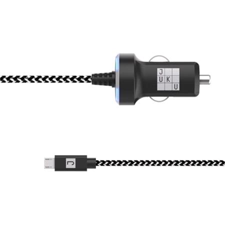 Juku Car Charger 1.2M Micro uSB Cable 12W (2.4A)   Power LED, Black & White Braided