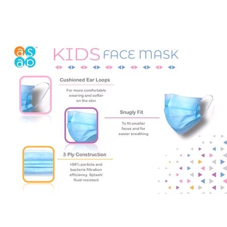 ASAP Non Woven, 3 Ply Kids Face Mask, Blue w  Elasticated Ear Loops (Box of 50)