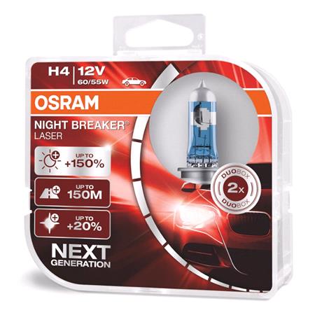 Osram Night Breaker Laser 12V 60/55W H4 +150% Brighter Bulb   Twin Pack