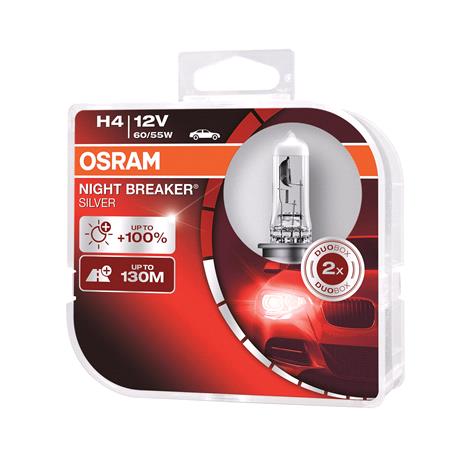 Osram 12V 60/55W Night Breaker Silver H4 Bulbs   100% Brighter   Twin Pack
