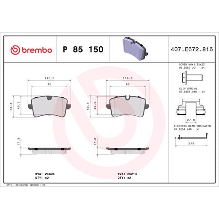 Brembo Rear Brake Pads (Full set for Rear Axle)   P85150