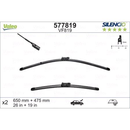 Valeo VF819 Silencio Flat Wiper Blades Front Set (650 / 475mm   Push Button Arm Connection) for Tesla Model 3 2017 Onwards