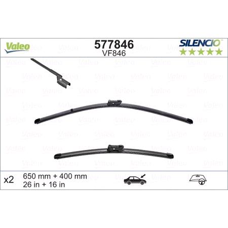 Valeo VF846 Silencio Flat Wiper Blades Front Set (650 / 400mm   Push Button Arm Connection) for Toyota Avensis Estate 2009 Onwards