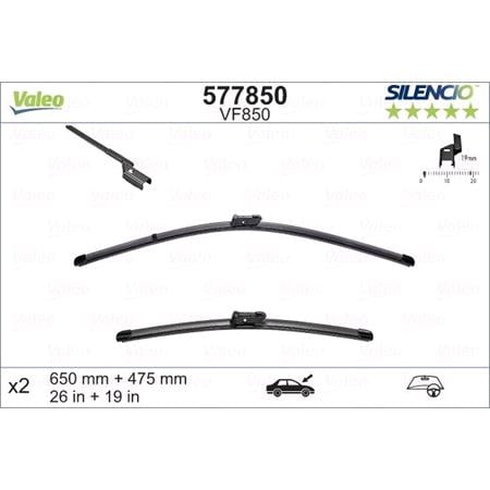 Valeo VF850 Silencio Flat Wiper Blades Front Set (650 / 475mm   Push Button Arm Connection) for 7 Series 2015 Onwards