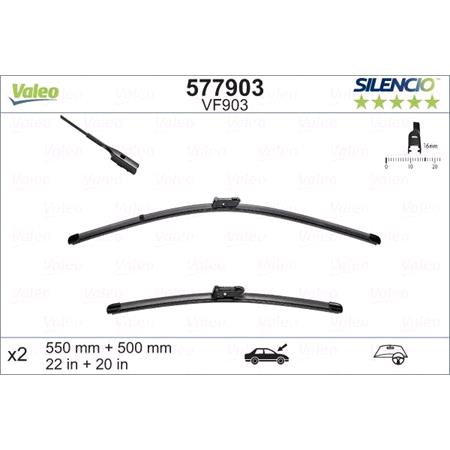 Valeo VF903 Silencio Flat Wiper Blades Front Set (550 / 500mm   Push Button Arm Connection)