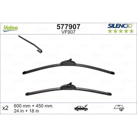 Valeo VF907 Silencio Flat Wiper Blades Front Set (600 / 450mm   Hook Type Arm Connection)