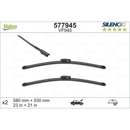 Valeo VF945 Silencio Flat Wiper Blades Front Set (580 / 530mm   Exact Fit Connection) for Mini Countryman 2016 Onwards