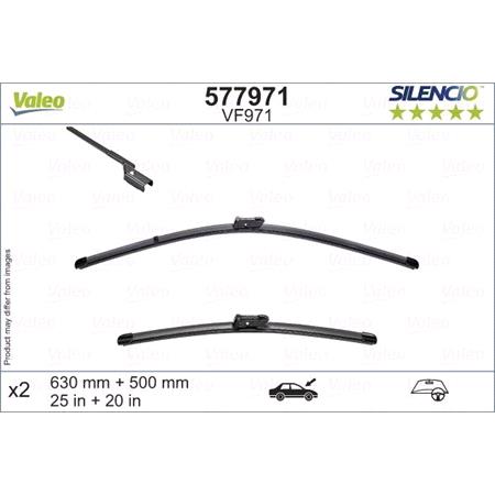 Valeo VF971 Silencio Flat Wiper Blades Front Set (630 / 500mm   Push Button Arm Connection)