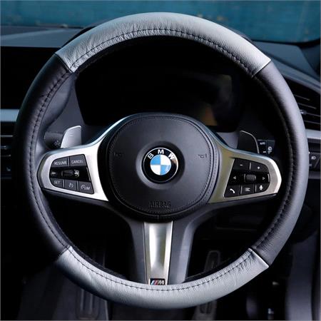 Genuine Leather Steering Wheel Cover   38cm   Black and Grey