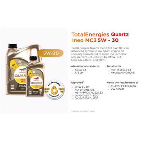 TOTAL Quartz INEO MC3 5W 30 Fully Synthetic Engine Oil   5 Litre   AQUA22_TD