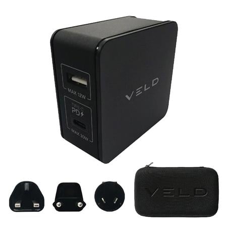 VELD Super Fast 42W Travel Adapter Charger Plug   USB and USB C Ports With Adapter For UK, USA, EU, AUS
