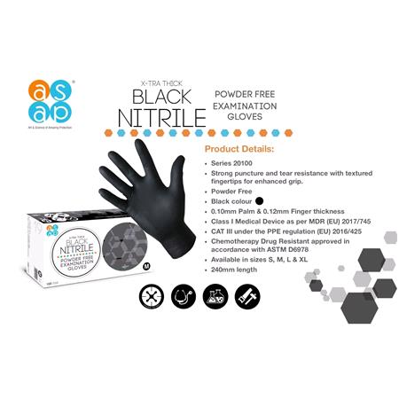 X TRA Thick Black Nitrile Powder Free Disposable Gloves   Box of 100   Size: Medium