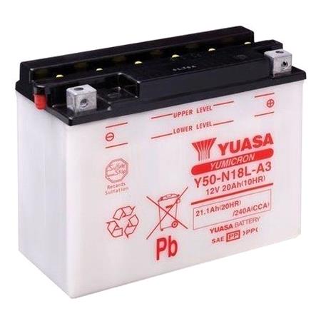 Yuasa Motorcycle Battery   YuMicron Y50 N18L A3 12V Battery, Dry Charged, Contains 1 Battery, Acid Not Included