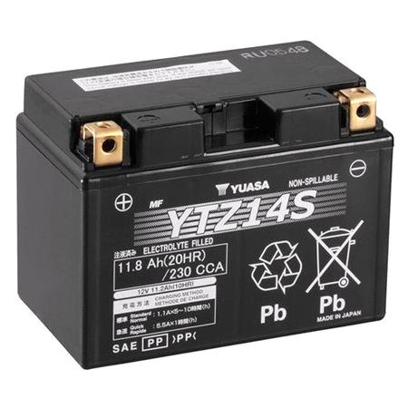 Yuasa Motorcycle Battery   YTZ High Performance YTZ14S 12V Battery, Wet Charged, Contains 1 Battery, Acid Filled and Charged