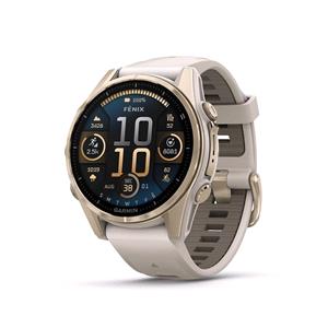 Smart Watches, Garmin Fenix 8 Smartwatch 43mm AMOLED in Soft Gold with Fog Grey/Dark Sandstone Silicon Strap, Garmin