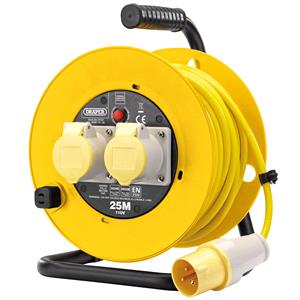 Extension Leads, Draper 02124 110V Twin Extension Cable Reel 25M   , Draper