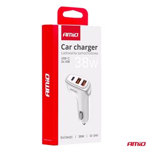 2x USB-A + 1x USB-C 3A 38W 12/24V 3-Port Car Charger