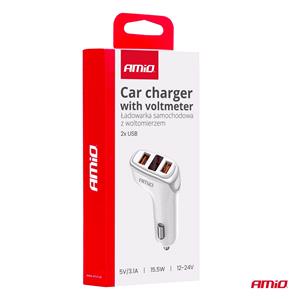 Dual USB-A 3.1A 15.5W 12/24V Car Charger with Battery Tester