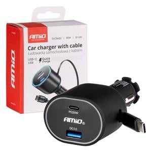 Chargers And Power Supply, AMIO Quick Car Charger 3.0 with 30W USB C Retractable Cable, AMIO