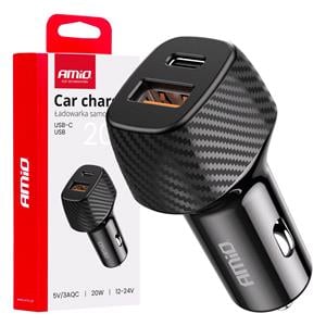 Chargers And Power Supply, AMIO Car charger QC+PD 20W 3A USB A + USB C, AMIO