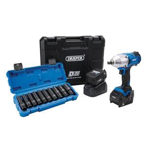 Impact Drivers and Wrenches, Draper 04791 D20 20V Brushless Mid Torque Impact Wrench Kit, 1/2" Sq. Dr. & Metric Deep Impact Socket Set (10 Piece), Draper