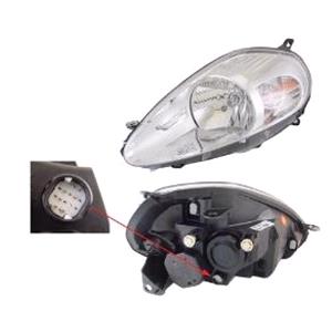 Lights, Left Headlamp (Chrome Bezel, With 14 Pin Connector, Takes H4 Bulb, Supplied With Motor & Bulb, Original Equipment) for Fiat GRANDE PUNTO 2006 2008, 