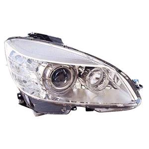 Lights, Right Headlamp (Xenon, Takes D1S / H7 Bulbs, Without Curve Light, Chrome Bezel, Supplied With Motor, Original Equipment) for Mercedes C CLASS 2007 2011, 