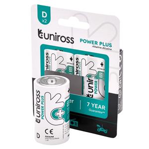 Domestic Batteries, Uniross LR20 D Power Plus Alkaline Batteries (Pack of 2), Draper