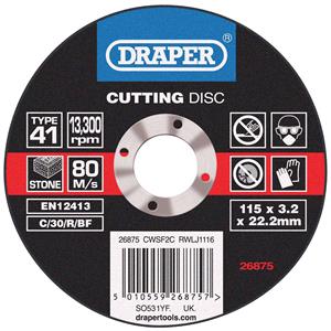 Cutting Wheels, **Discontinued** Draper 26875 Flat Stone Cutting Discs (115 x 3.2 x 22.2mm), Draper