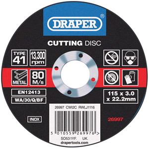 Cutting Wheels, Draper 26997 INOX Cutting Disc (115 x 3.0 x 22.2mm), Draper