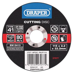 Cutting Wheels, Draper 27077 Multi Purpose Cutting Disc (115 x 1.6 x 22.2mm), Draper