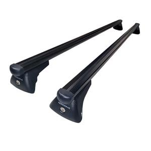 Complete set of black aluminium roof bars for cars with raised rails, supplied with locks and keys.