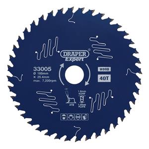 Circular Saw Blades, Draper Expert 33005 TCT Circular Saw Blade for Wood with PTFE Coating, 185 x 25.4mm, 40T, Draper
