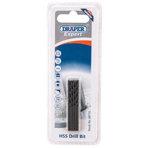 HSS Twist Drills, Draper Expert 38715 2.5mm HSS Drills Card Of 10, Draper