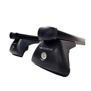 Complete set of black aluminium roof bars for cars with raised rails, supplied with locks and keys.